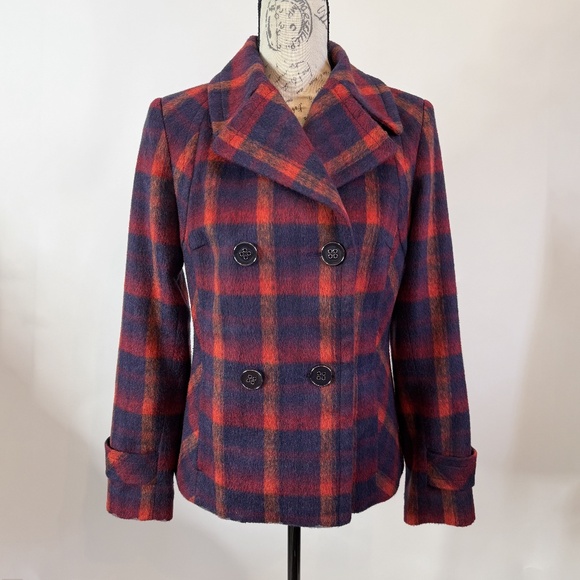 Tribal Plaid Wool Blend Pea Coat - Picture 1 of 10